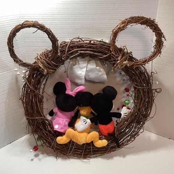 Mickey Minnie Pluto Christmas Wicker Wreath w/ Ears Holiday Door Xmas Decor - Picture 2 of 4